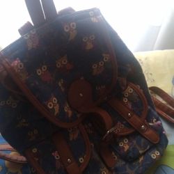 Γυναικεία τσάντα Backpack, καφέ/μπλε με σχέδια κουκουβάγιες