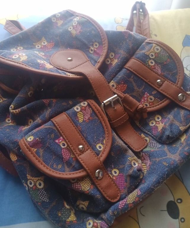 Γυναικεία τσάντα Backpack, καφέ/μπλε με σχέδια κουκουβάγιες